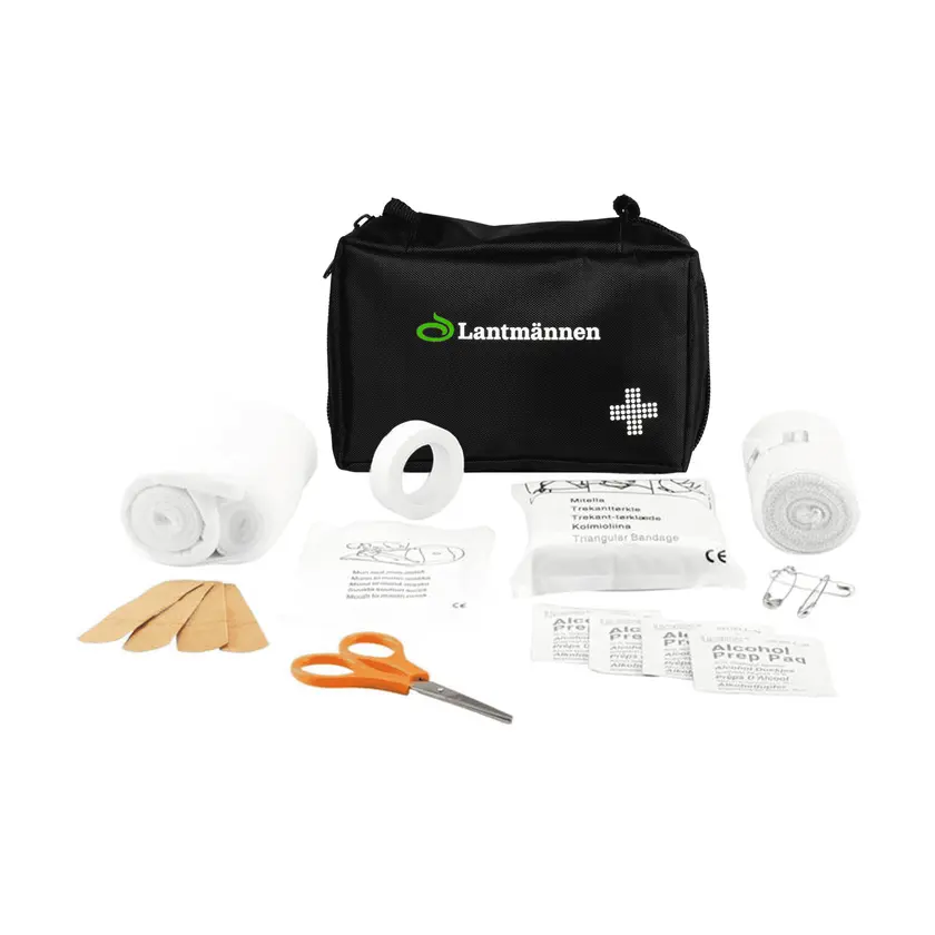 first aid kit väska med lantmännen logga med verktyg