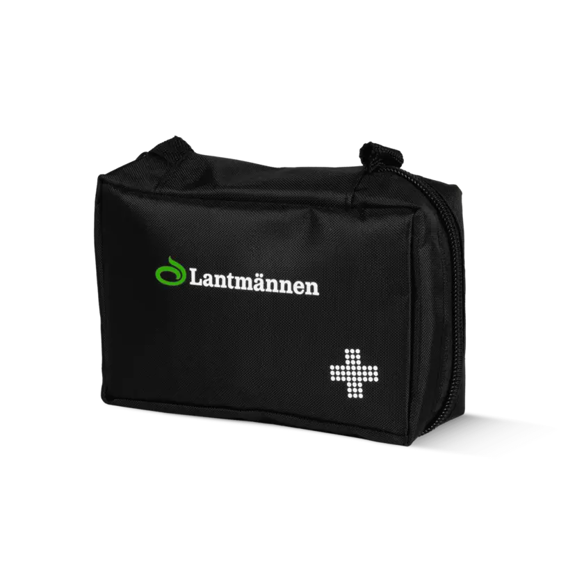 first aid kit väska med lantmännen logga från sidan
