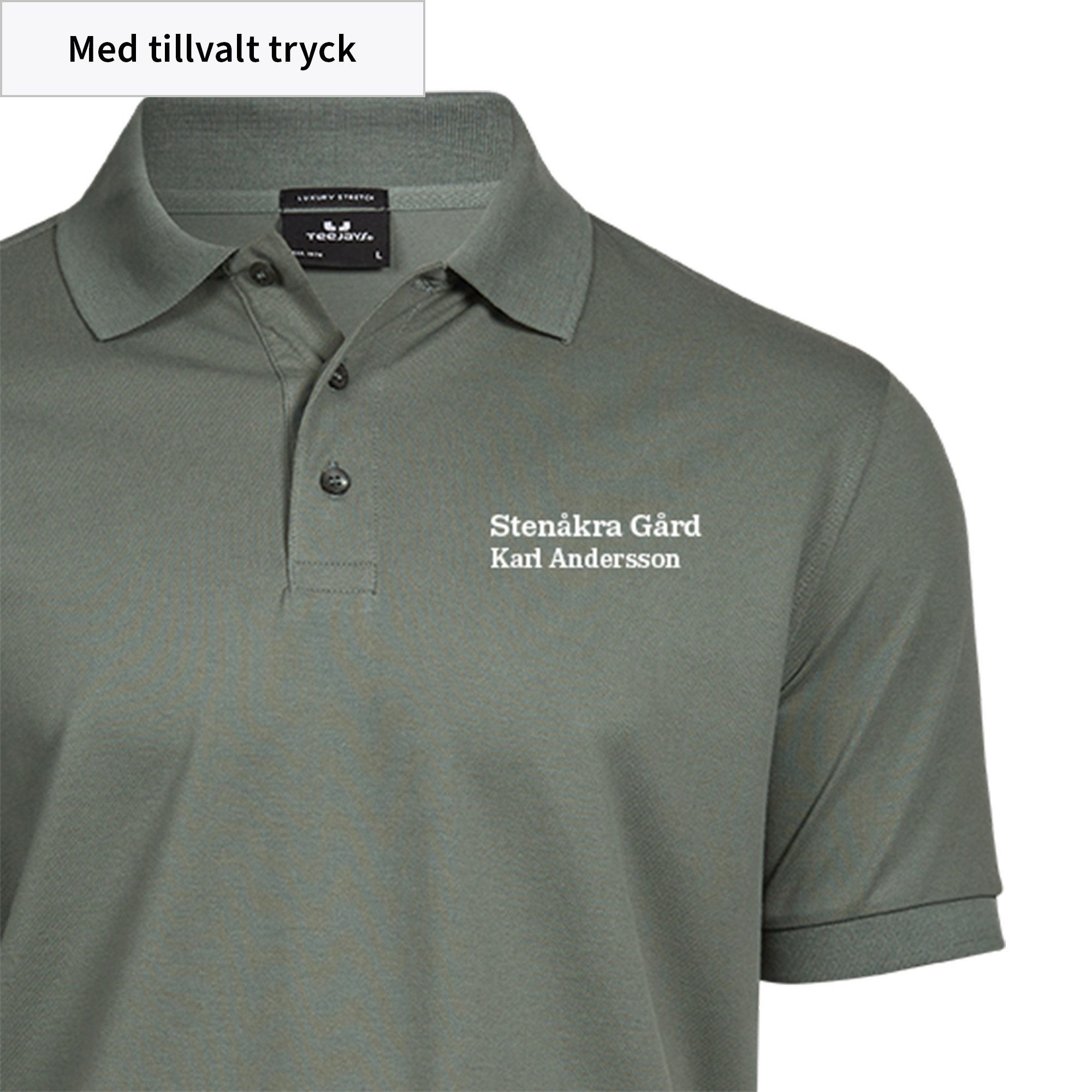 herrpolo med namn- och gårdsnamn fram tilltryck